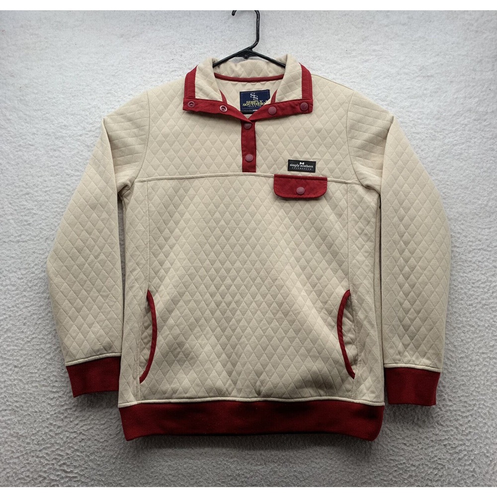 Simply Southern Fleece Jacket Womens Small S Preppy Quilted T Snap Cream Red